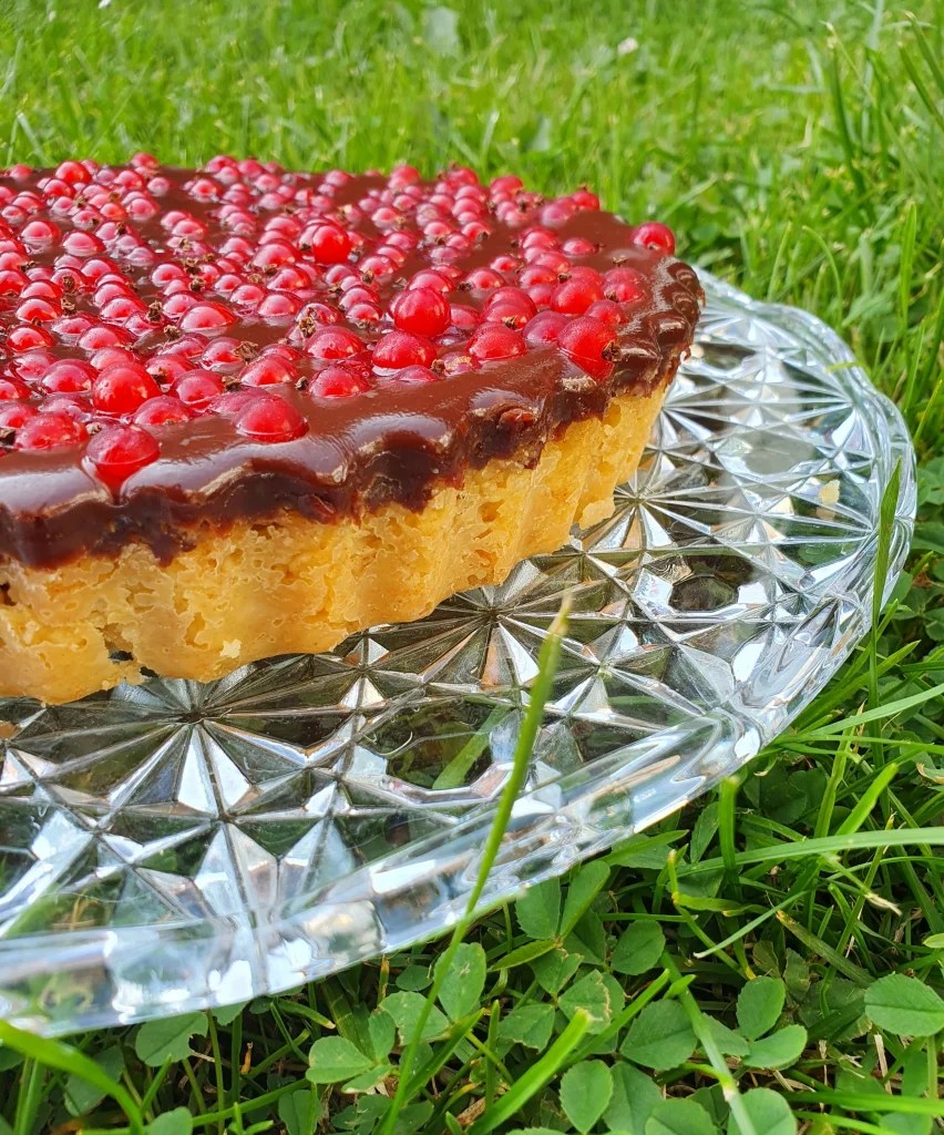 Havre- och fudgekaka med röda&nbsp;vinbär